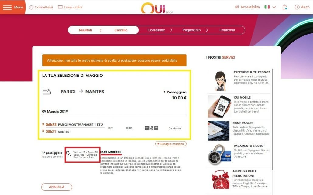 schermata in cui viene mostrato il riepilogo del viaggio selezionato e del posto assegnato dal sistema.