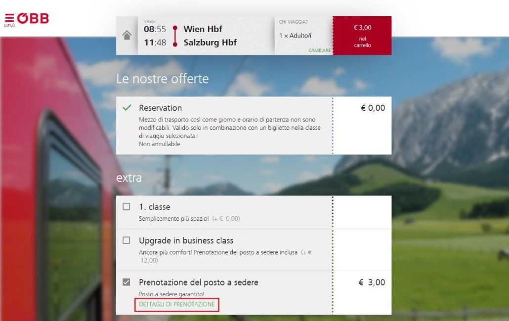 schermata di selezione degli extra