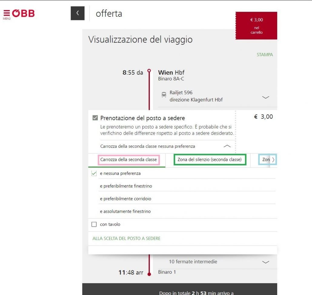 schermata di prenotazione del posto sul sito ÖBB