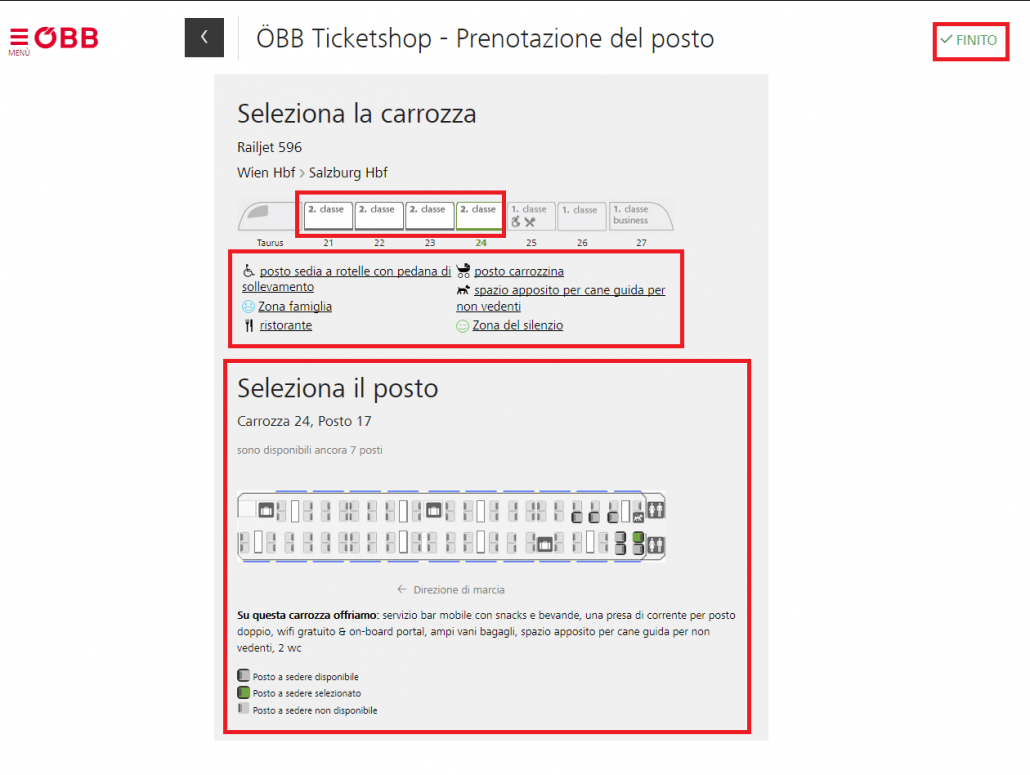 schermata di selezione del posto a sedere nelle carrozze
