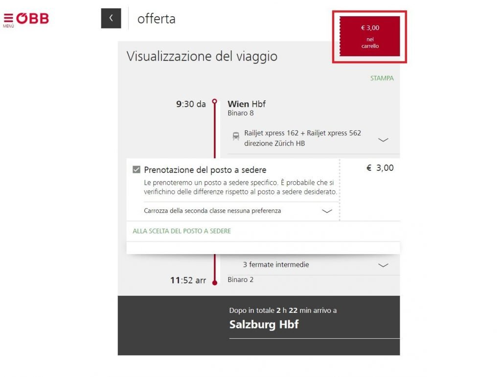schermata di riepilogo della prenotazione del posto a sedere sul sito ÖBB