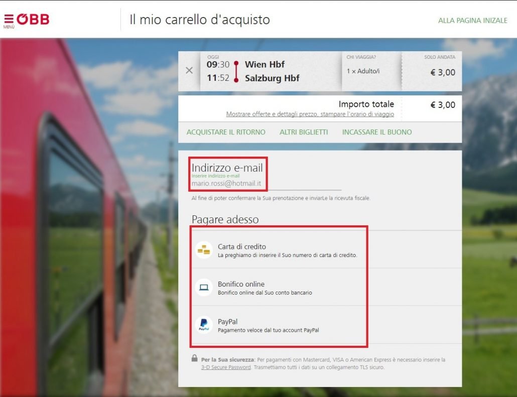 schermata dove inserire l'indirizzo mail e selezionare il tipo di pagamento